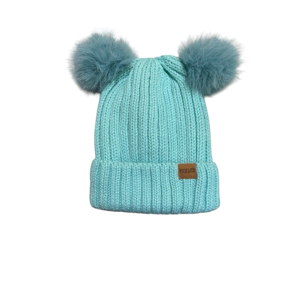 Piozaed Double Pom Pom Beanie Aqua Blue Rib Knit Fleece Lined Hat